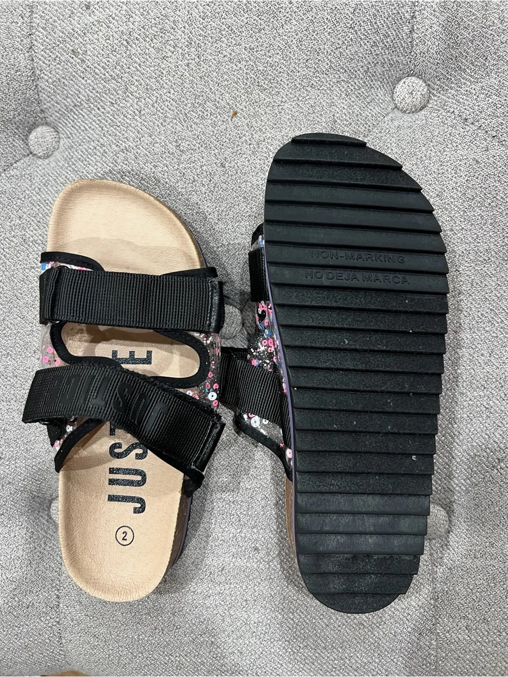 Justice Girls Black Sequin Logo Slide Sandals Non-Slip Synthetic Slip On Size 2